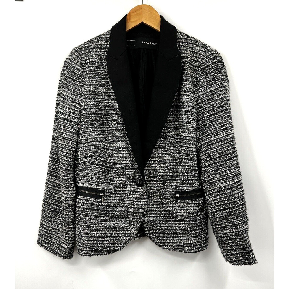 Zara Tweed Blazer One Button‎ Heather Gray Black Long Sleeve Pockets Size Large